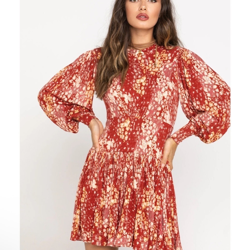 Free People Heartbeats Mini Dress Puff Sleeves Red and Yellow sz S